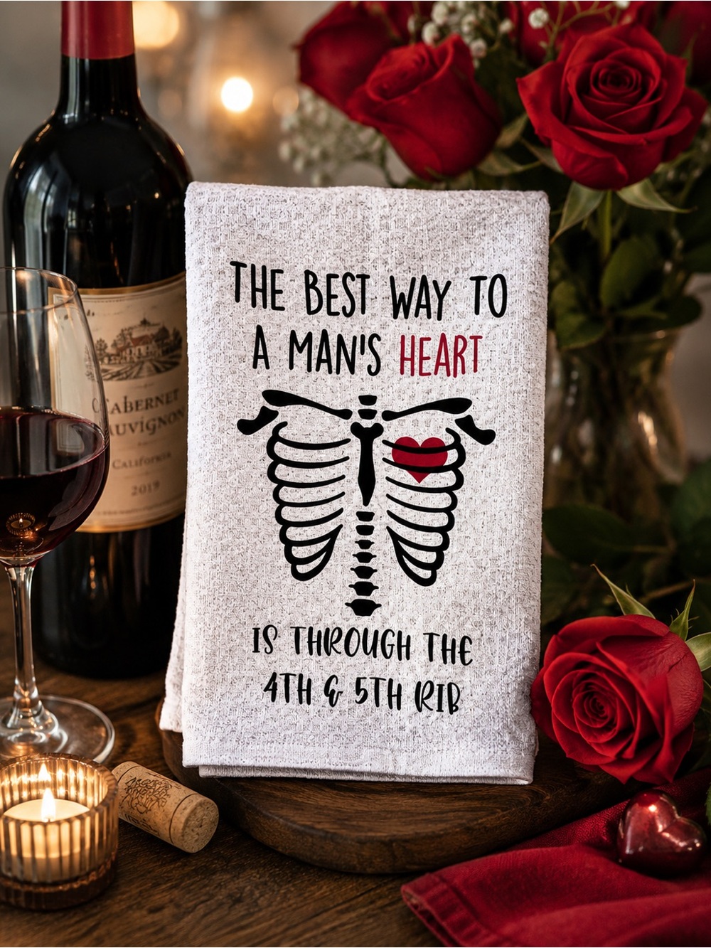 White Kitchen Towel with Ribcage Heart Design